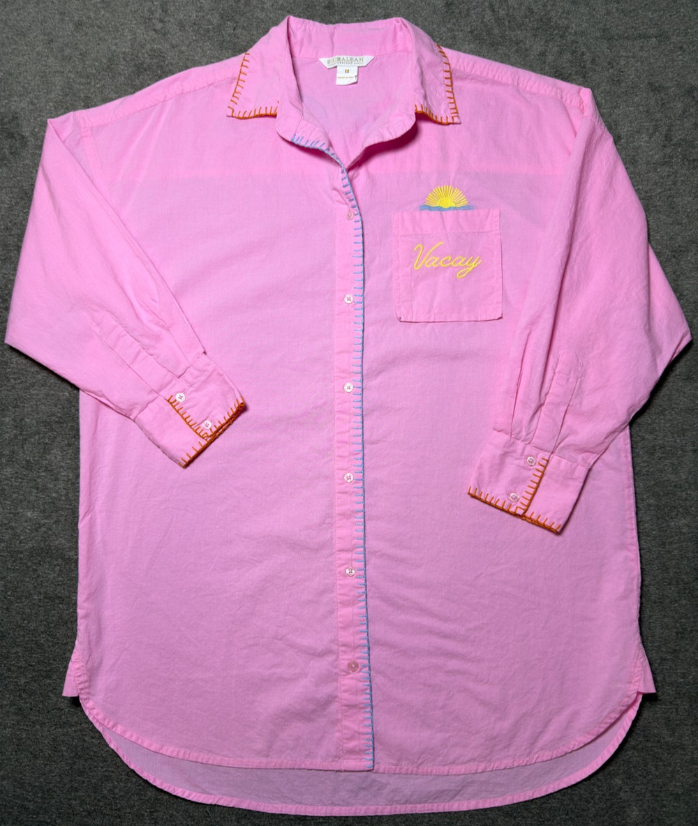 Shiraleah Vacay Out of Office Pink Embroidered Button Shirt M Cover-Up Cotton